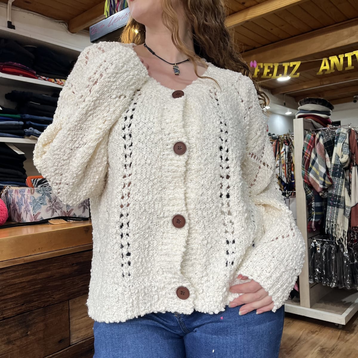 Cardigan botones crudo bouclé texturas2