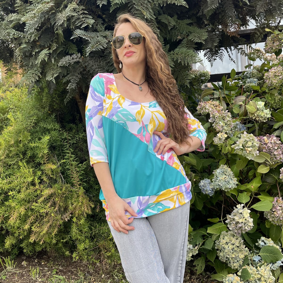 Polera Maria lycra turquesa floral1