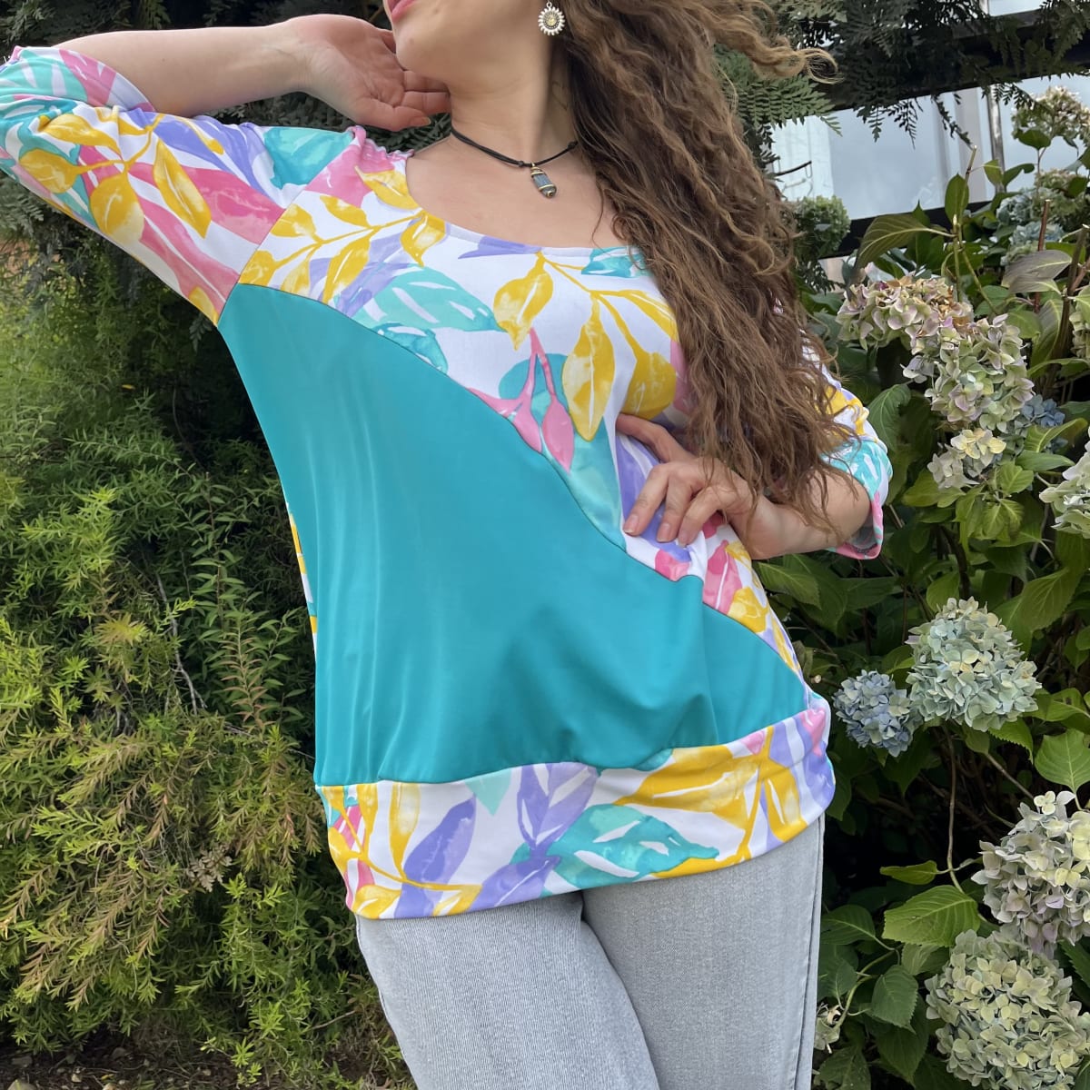 Polera Maria lycra turquesa floral2
