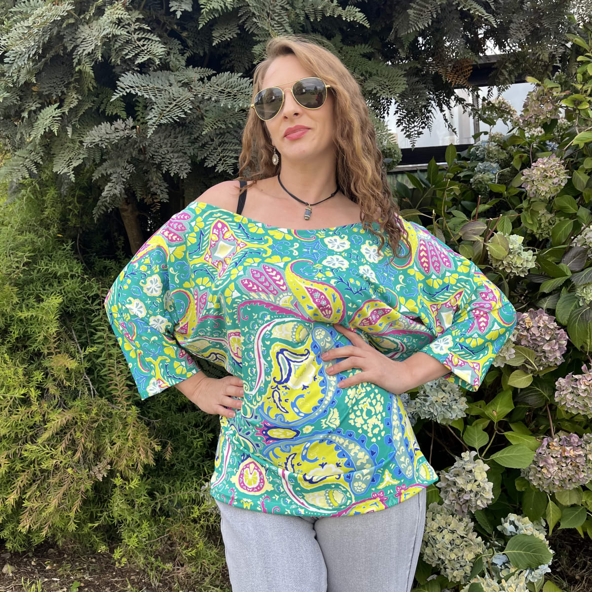 Polera Marlene lycra turquesa mandalas amarilla2