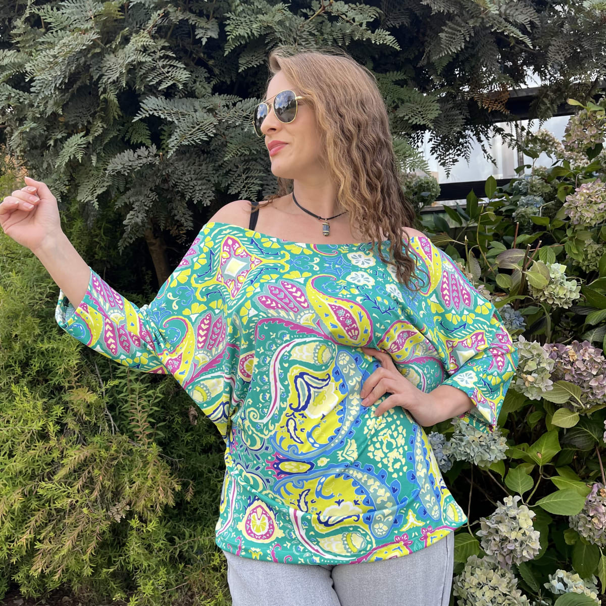 Polera Marlene lycra turquesa mandalas amarilla1