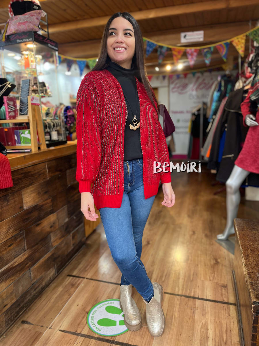 Cardigan lana fina listado negro y rojo3