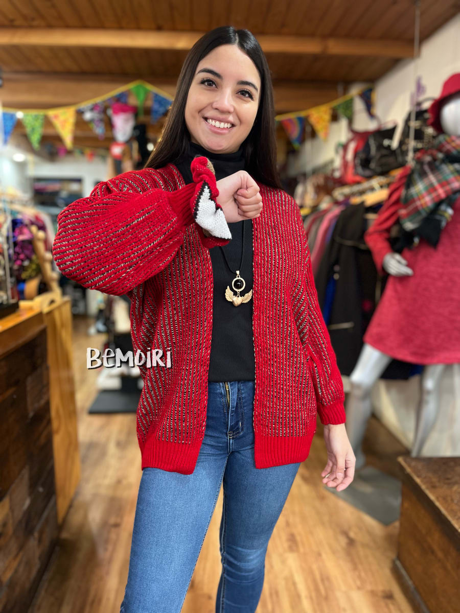 Cardigan lana fina listado negro y rojo2