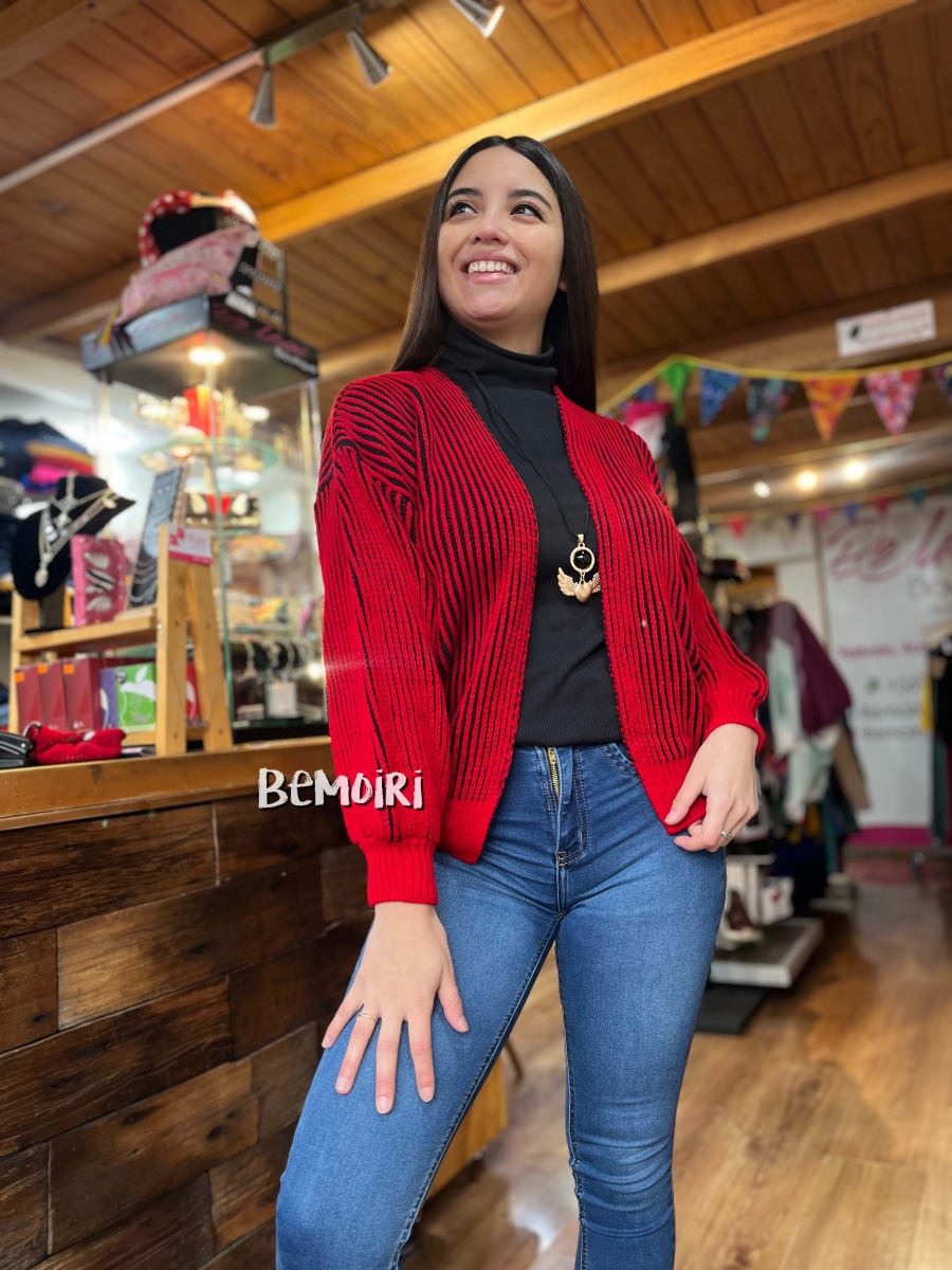 Cardigan lana fina listado negro y rojo1