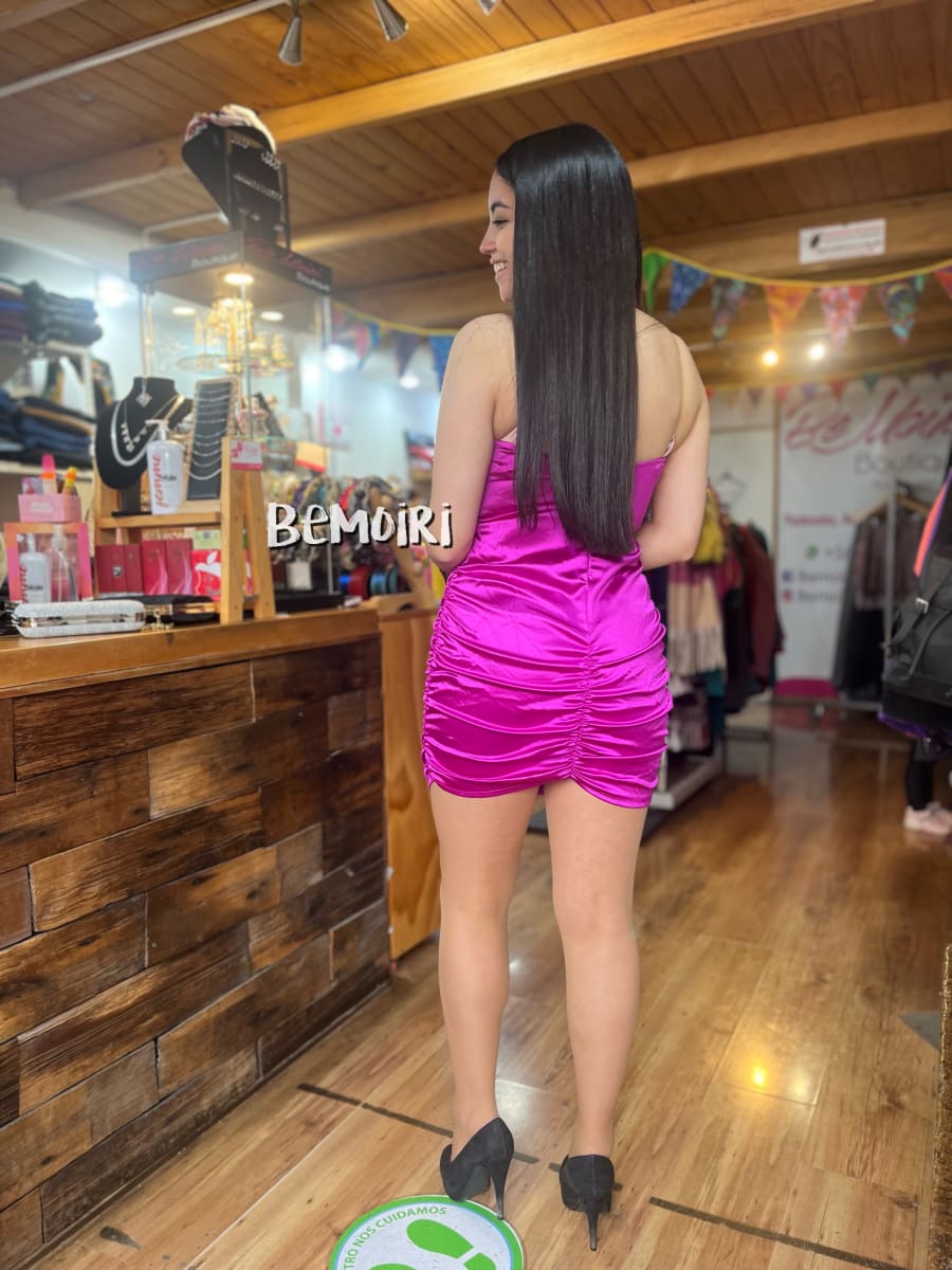 Vestido fiesta italiano raso drapeado magenta4