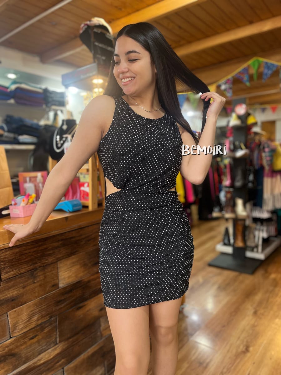 Vestido italiano strass plateado y escote en la cintura3