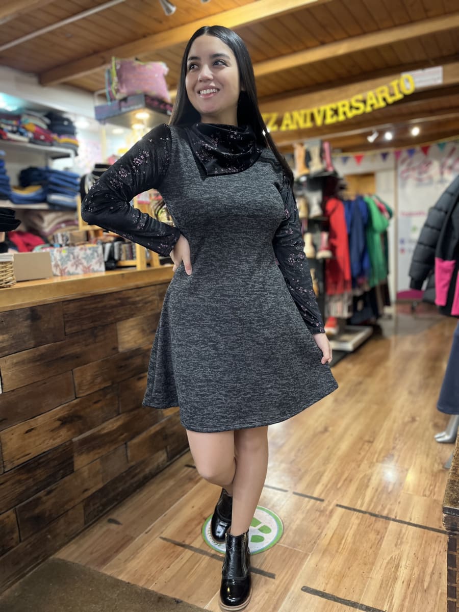 Vestido Alyson lanilla y Velvet estampado cuello pañuelo2