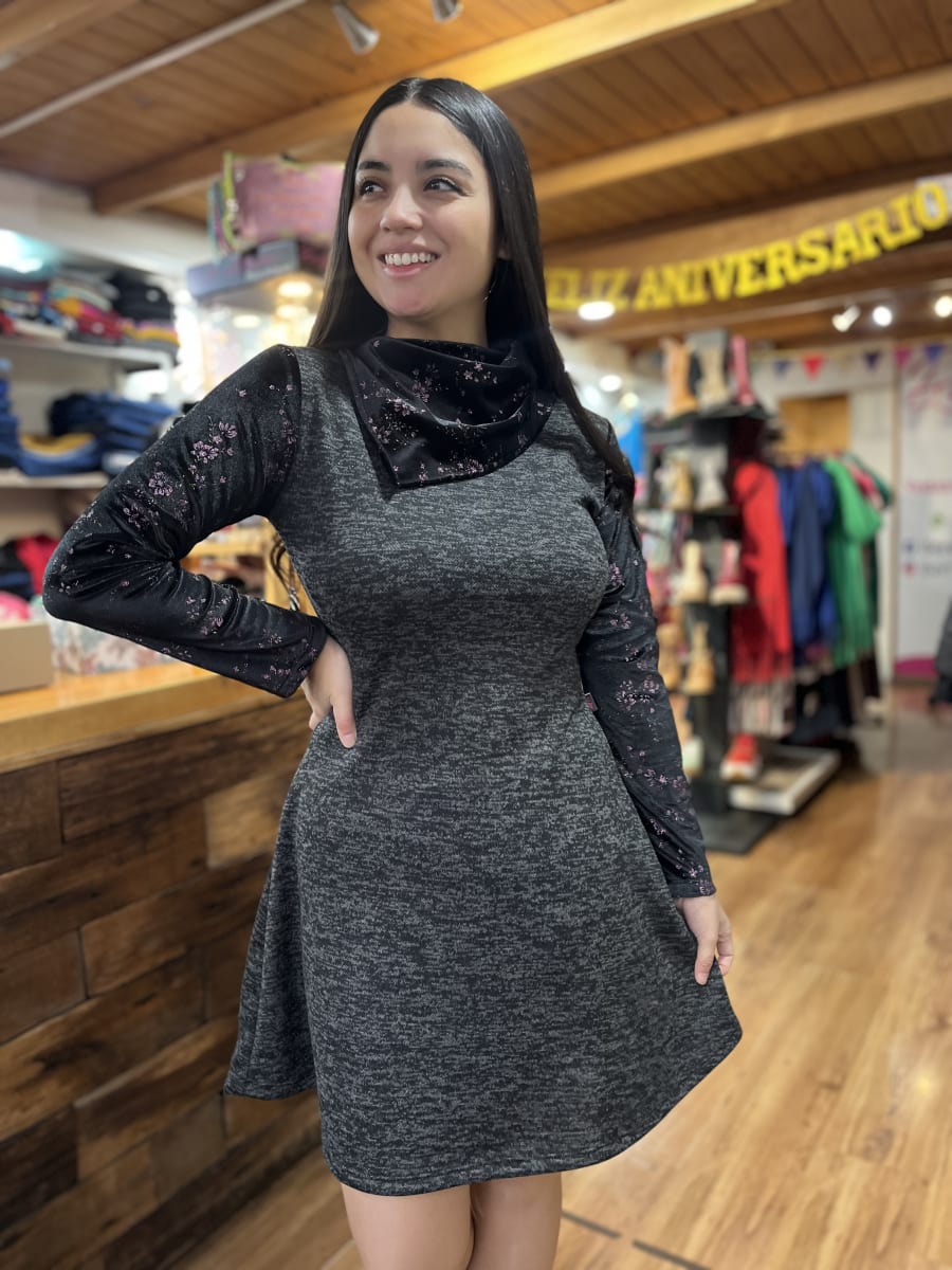 Vestido Alyson lanilla y Velvet estampado cuello pañuelo1