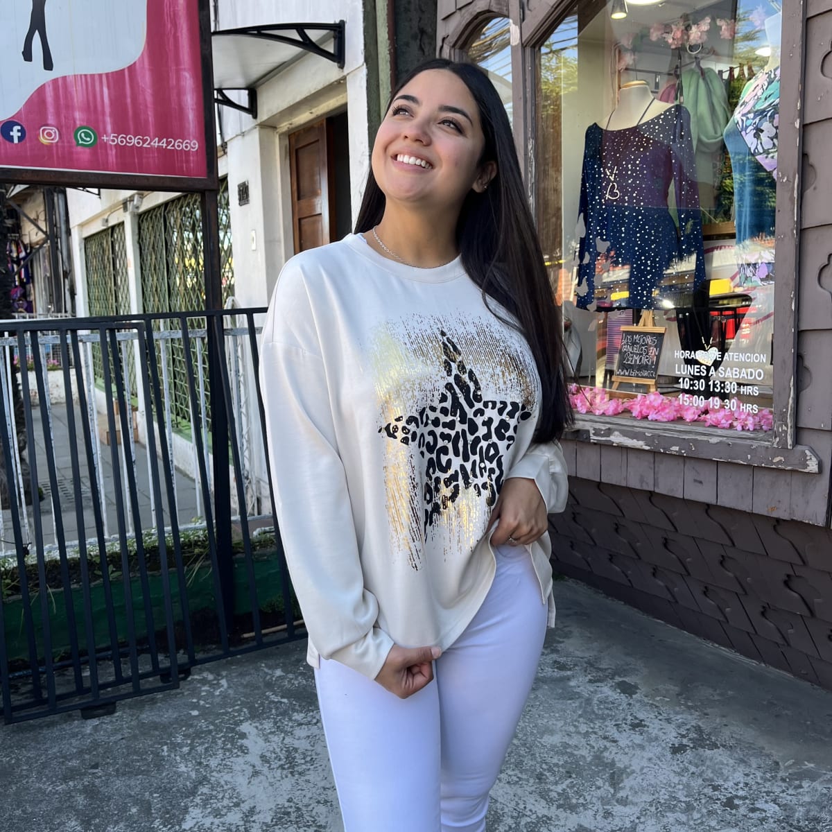 Poleron estrella beige print foil dorado3