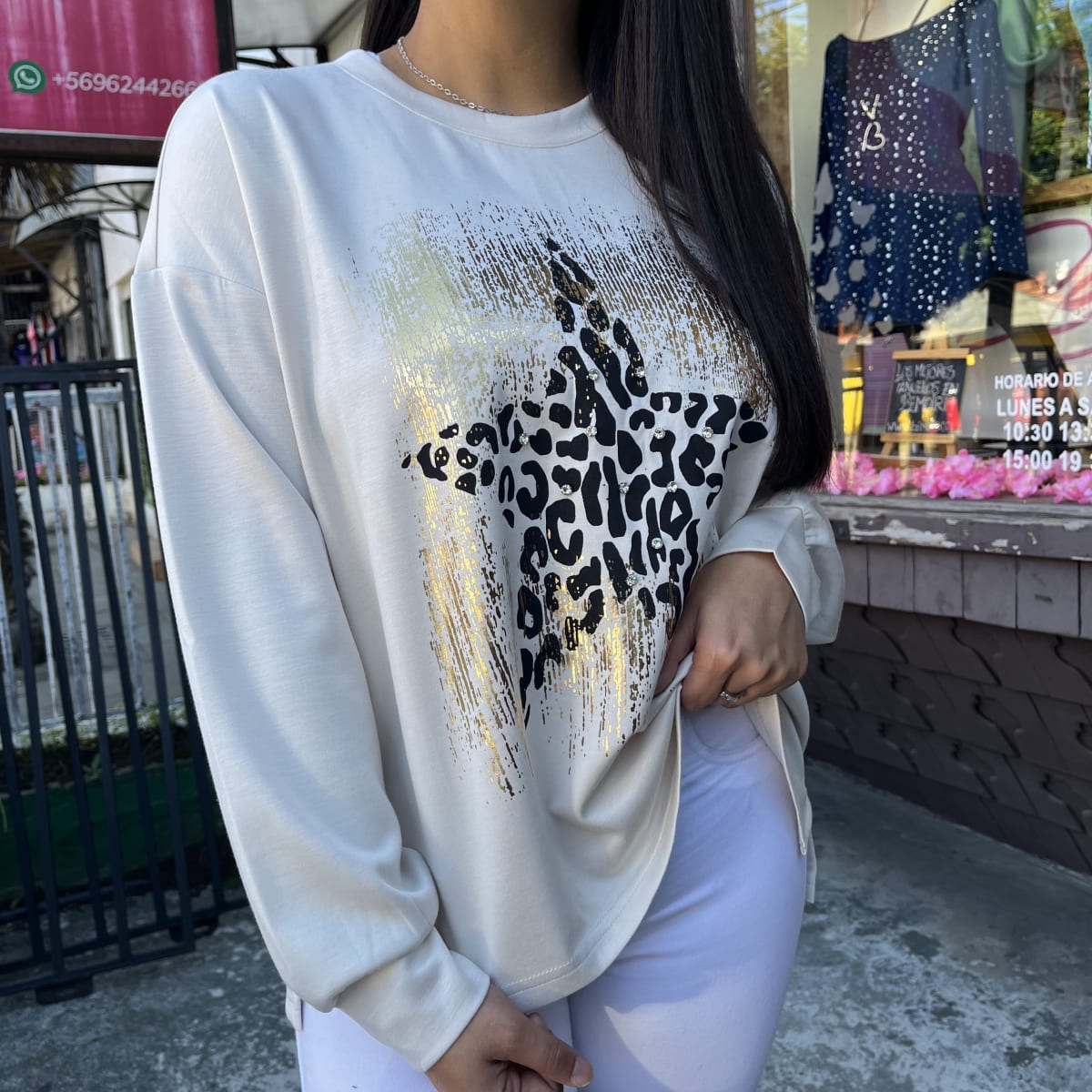 Poleron estrella beige print foil dorado2