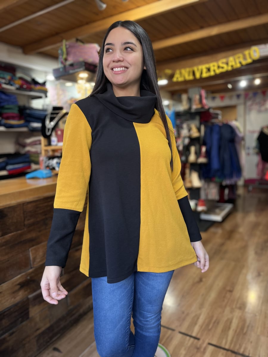 Poleron bicolor mostaza negro cuello alto1