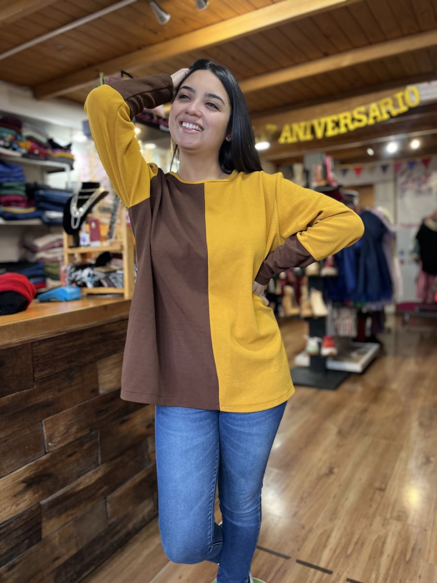 Poleron cuadrado bicolor camel y mostaza1