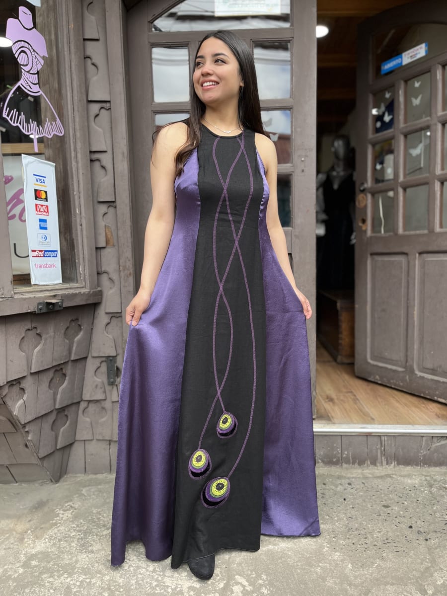 Vestido Kisu fiesta largo central morado negro1