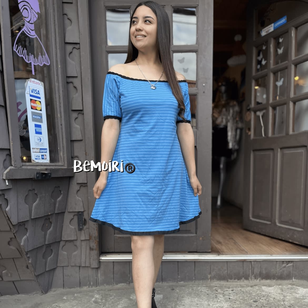 Vestido cuello bote algodón celeste listado1