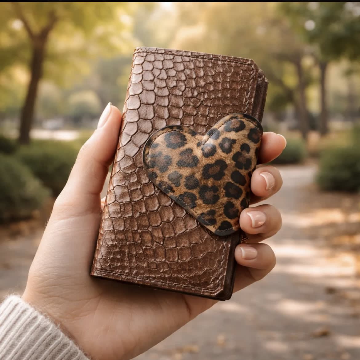 Billetera cuero corazon leopardo cafe 2 cuerpos4