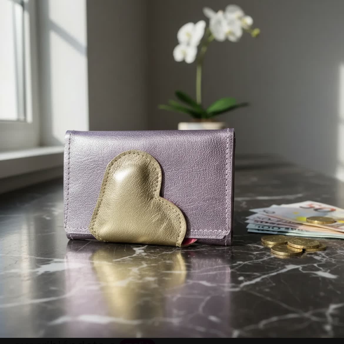 Billetera cuero corazon dorado lila 2 cuerpos4