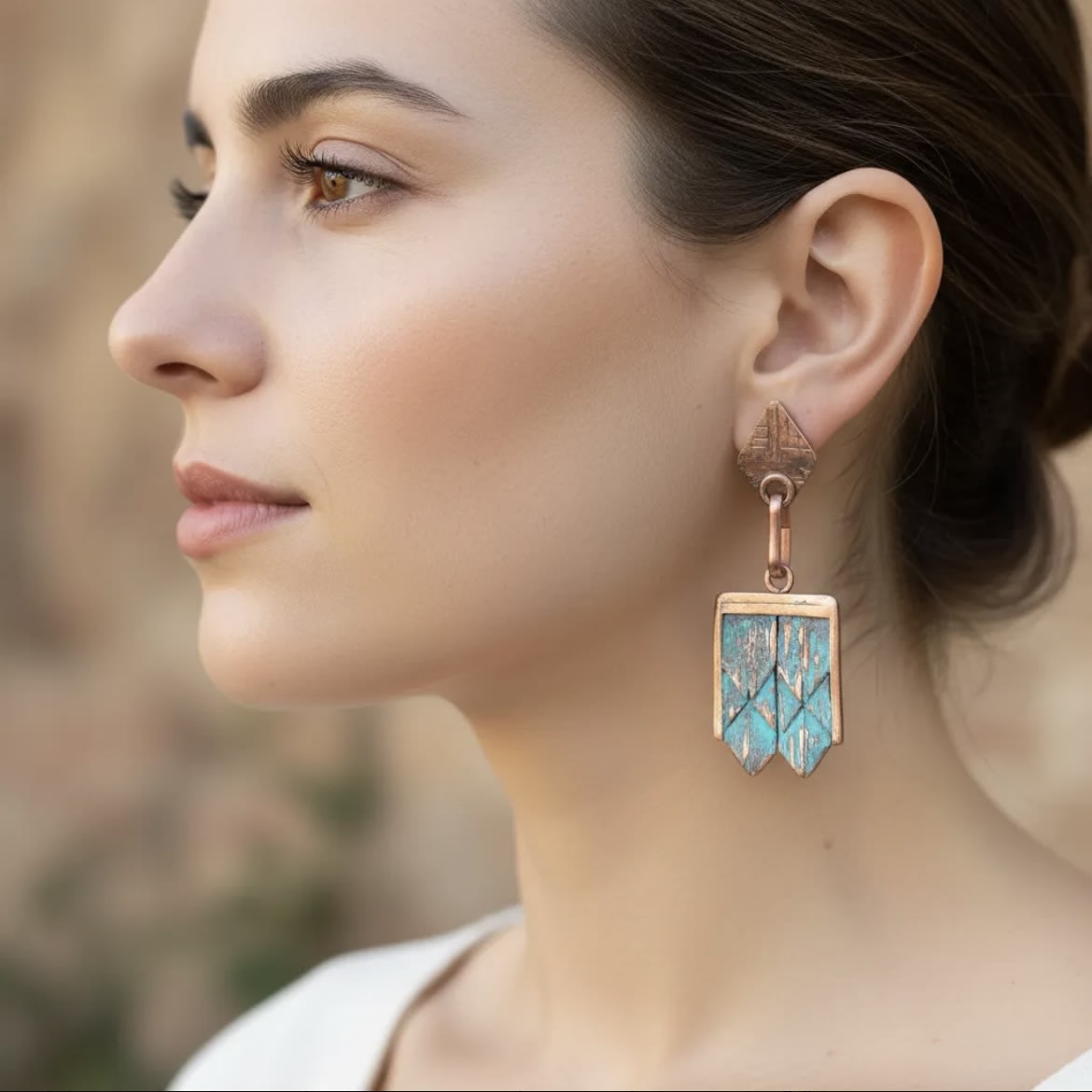 Aros N&F cobre plata bronce colgante tejuelas turquesa2