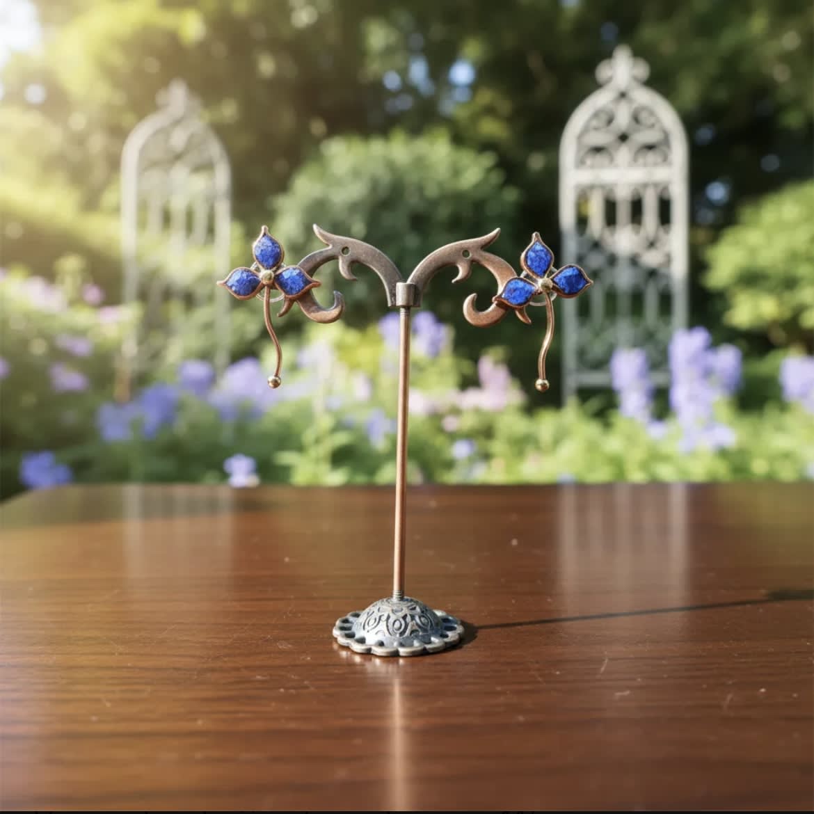 Aros N&F cobre plata bronce colgante flor lapislazuli3