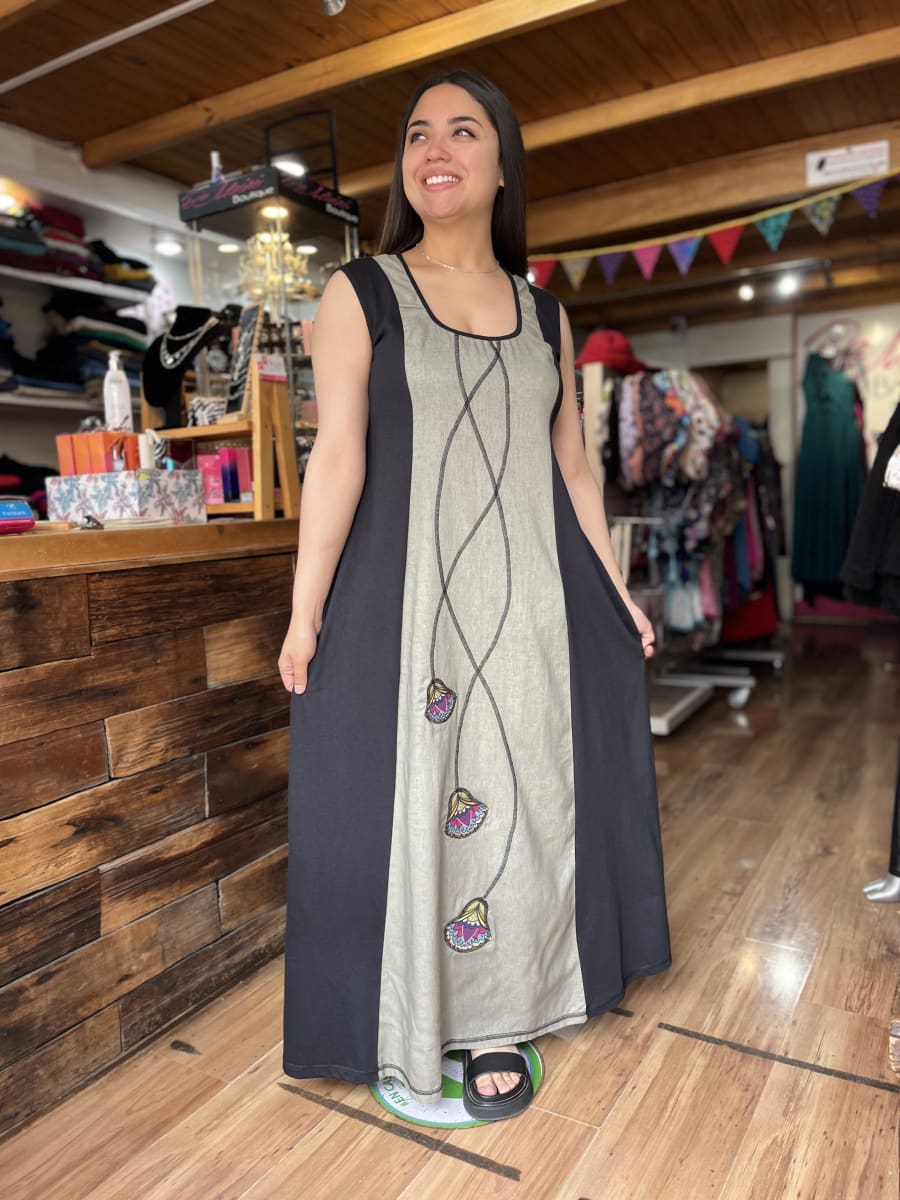 Vestido Icalma kaki negro  sin manga1