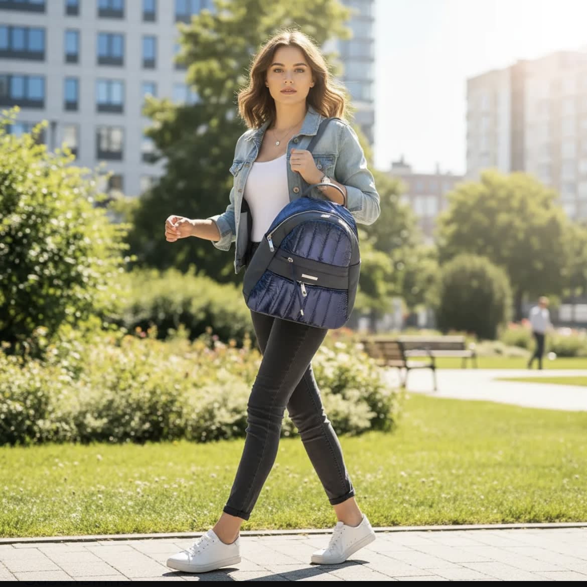 Mochila Lilás azul acolchado metalizado y ecocuero2