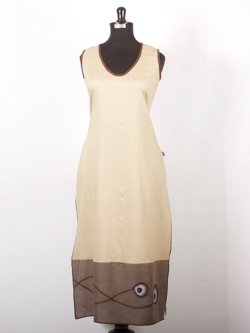 Maxi vestido Celina beige cafe franja abertura lateral sin mangas1