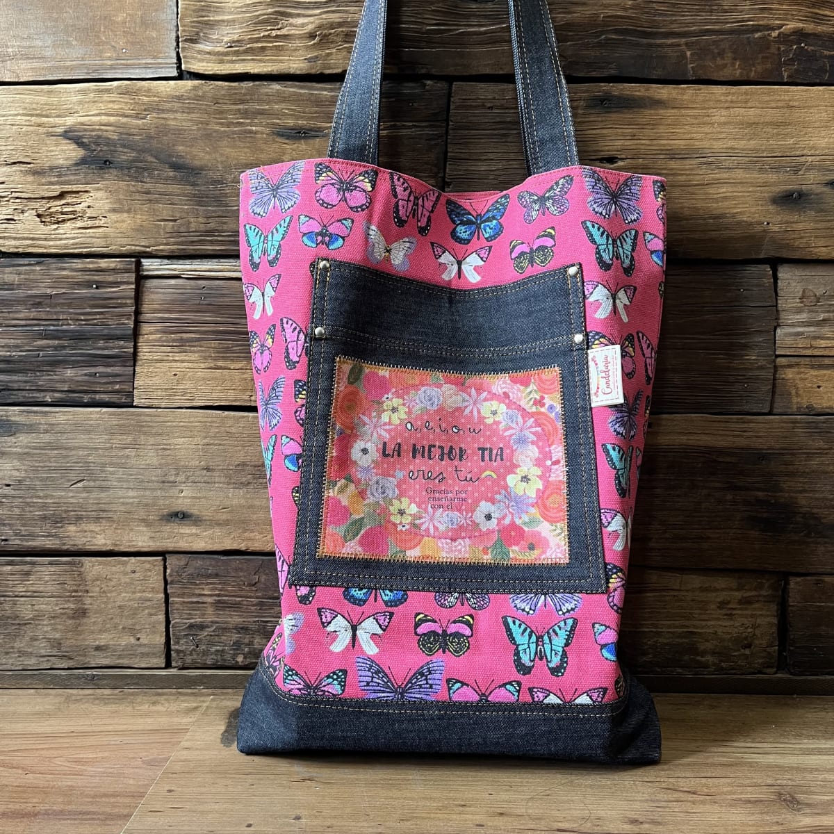 Tote Bag AEIOU la mejor tia eres tu mariposas fucsia1