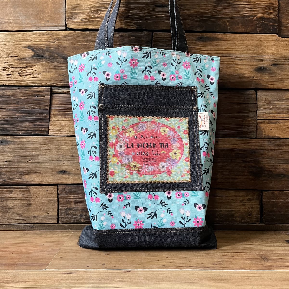 Tote Bag AEIOU la mejor tia eres tu celeste florecitas1