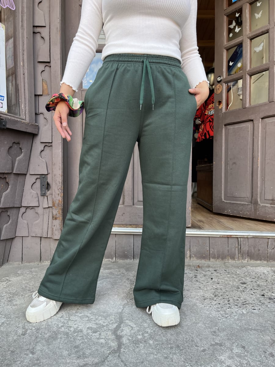 Palazzo franela algodón verde botella cintura elasticada con bolsillos2