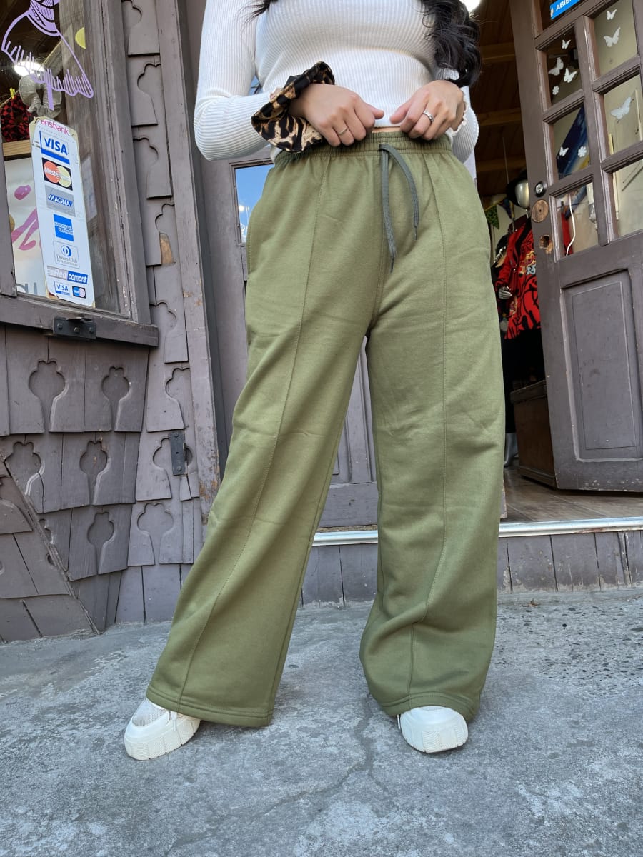Palazzo franela algodón verde Olivo cintura elasticada con bolsillos2