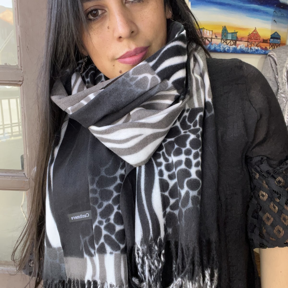 Bufanda cashmere animal print mix cebra negro blanco2
