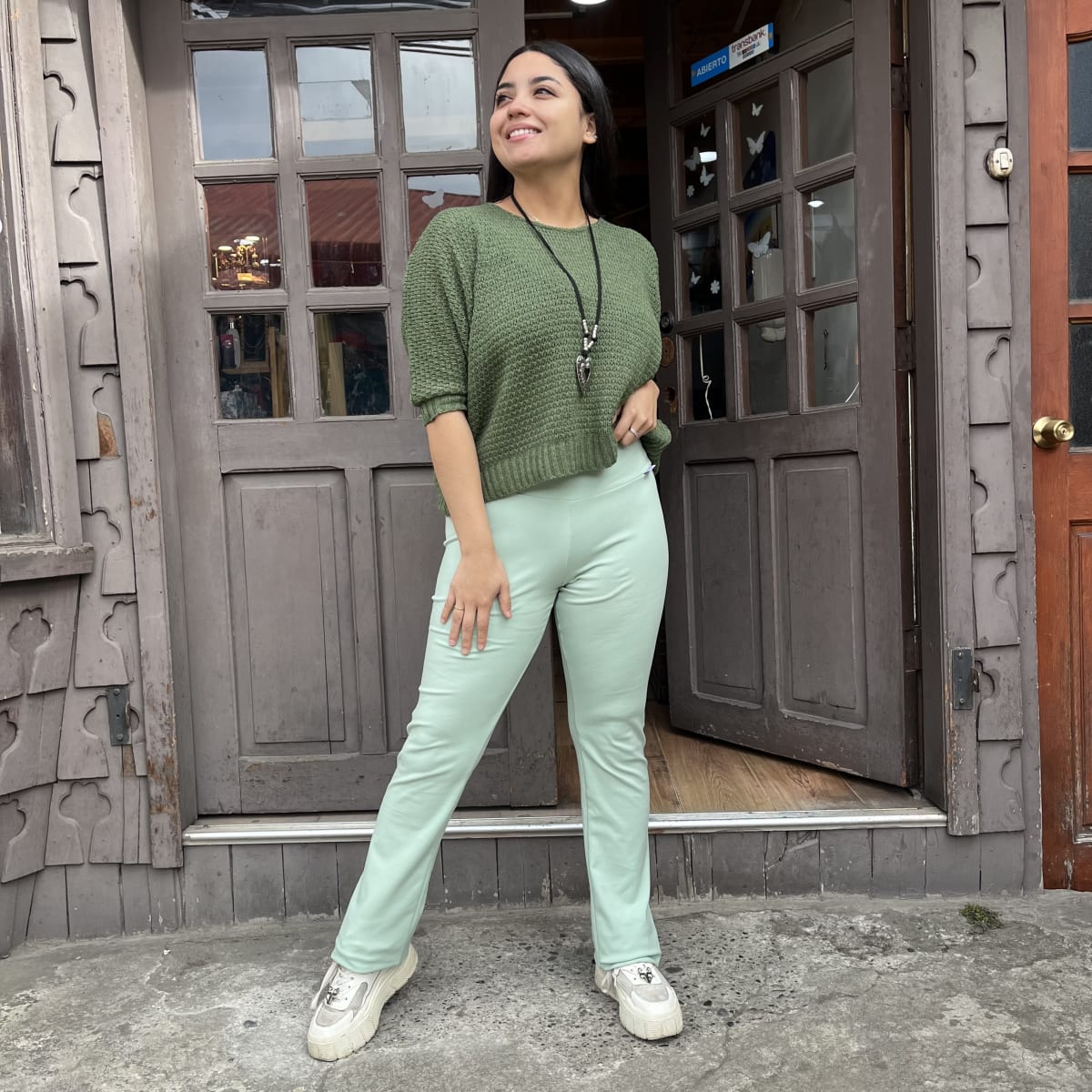 Calza lanilla recta pretina alta verde menta1