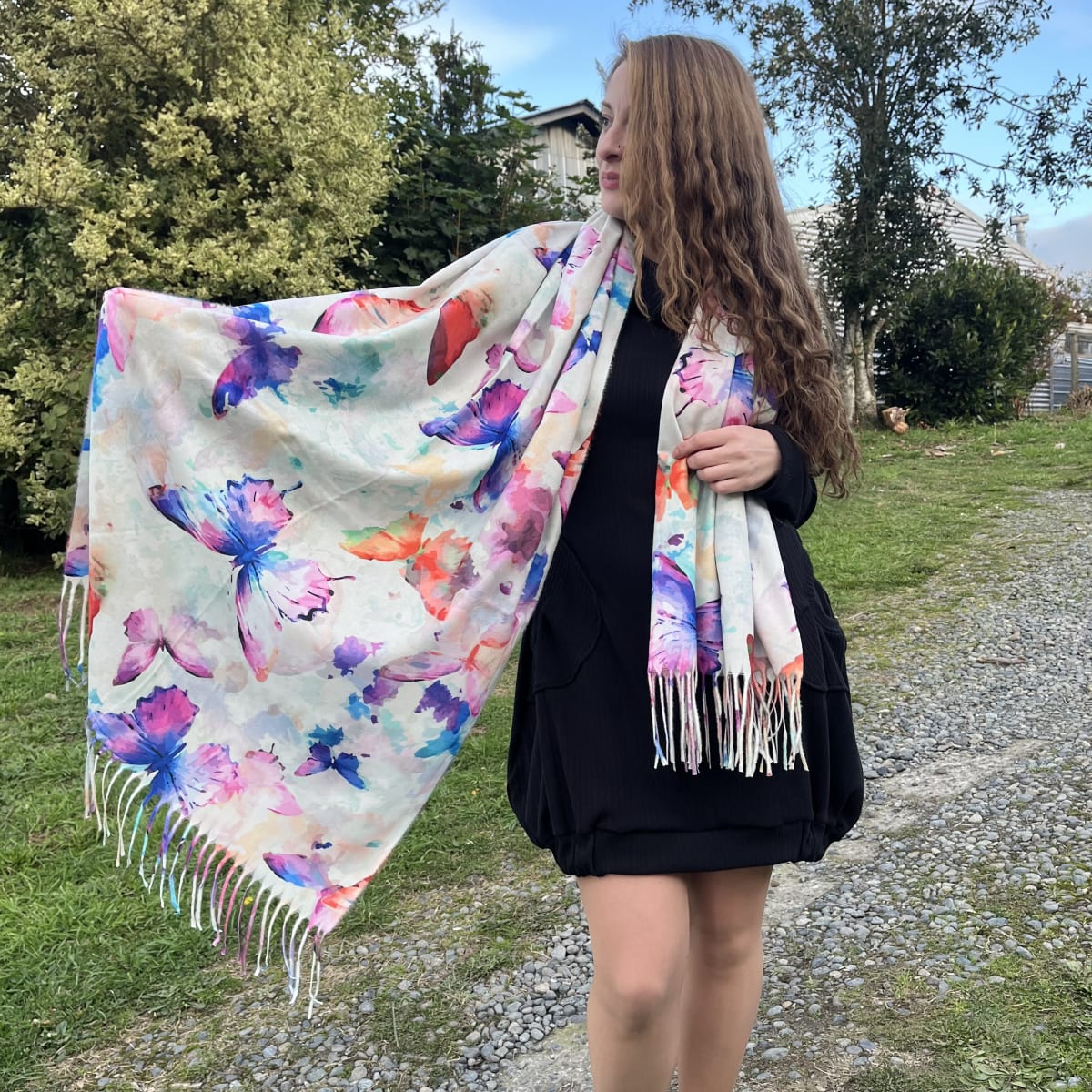 Bufanda Cashmere mariposas blanco2