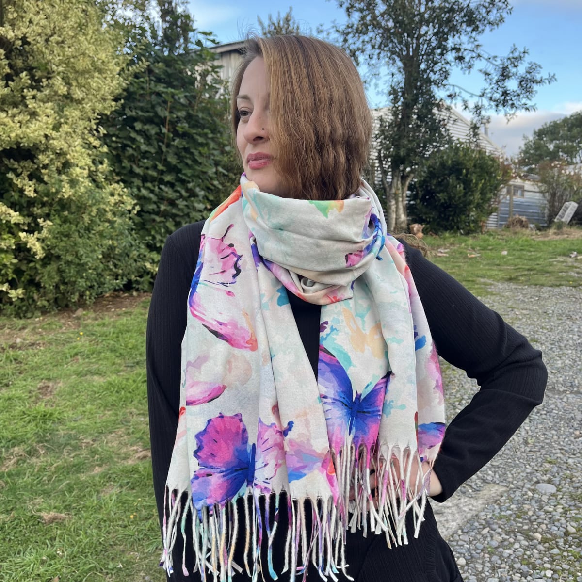 Bufanda Cashmere mariposas blanco3