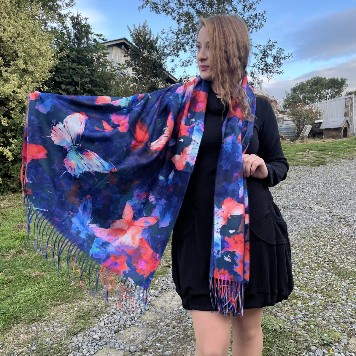 Bufanda Cashmere mariposas azul1