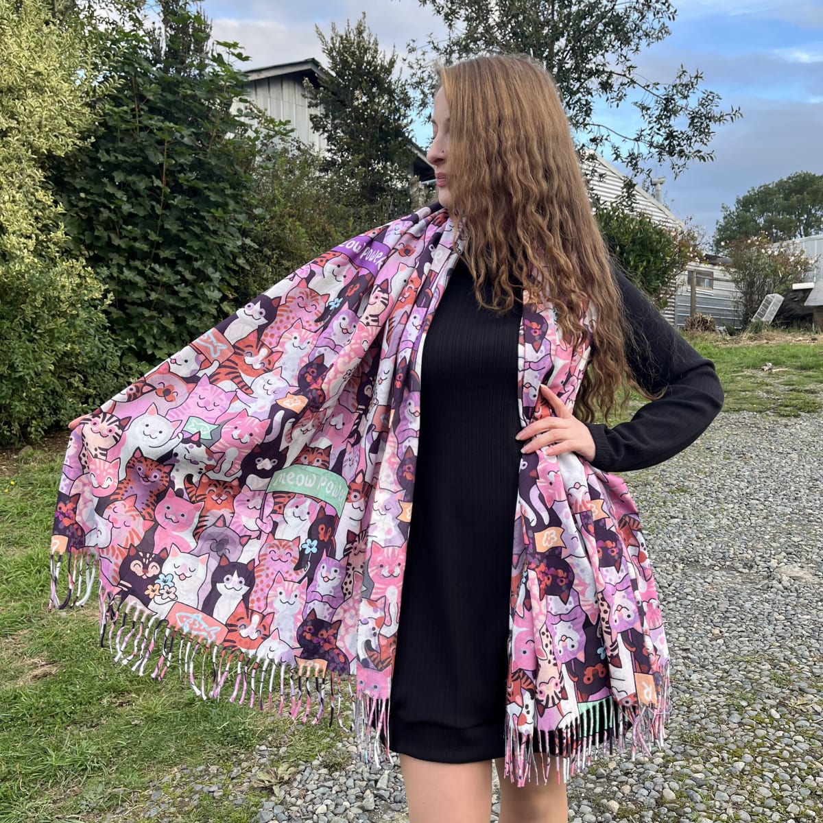 Bufanda Cashmere gatitos meow power rosado naranja3