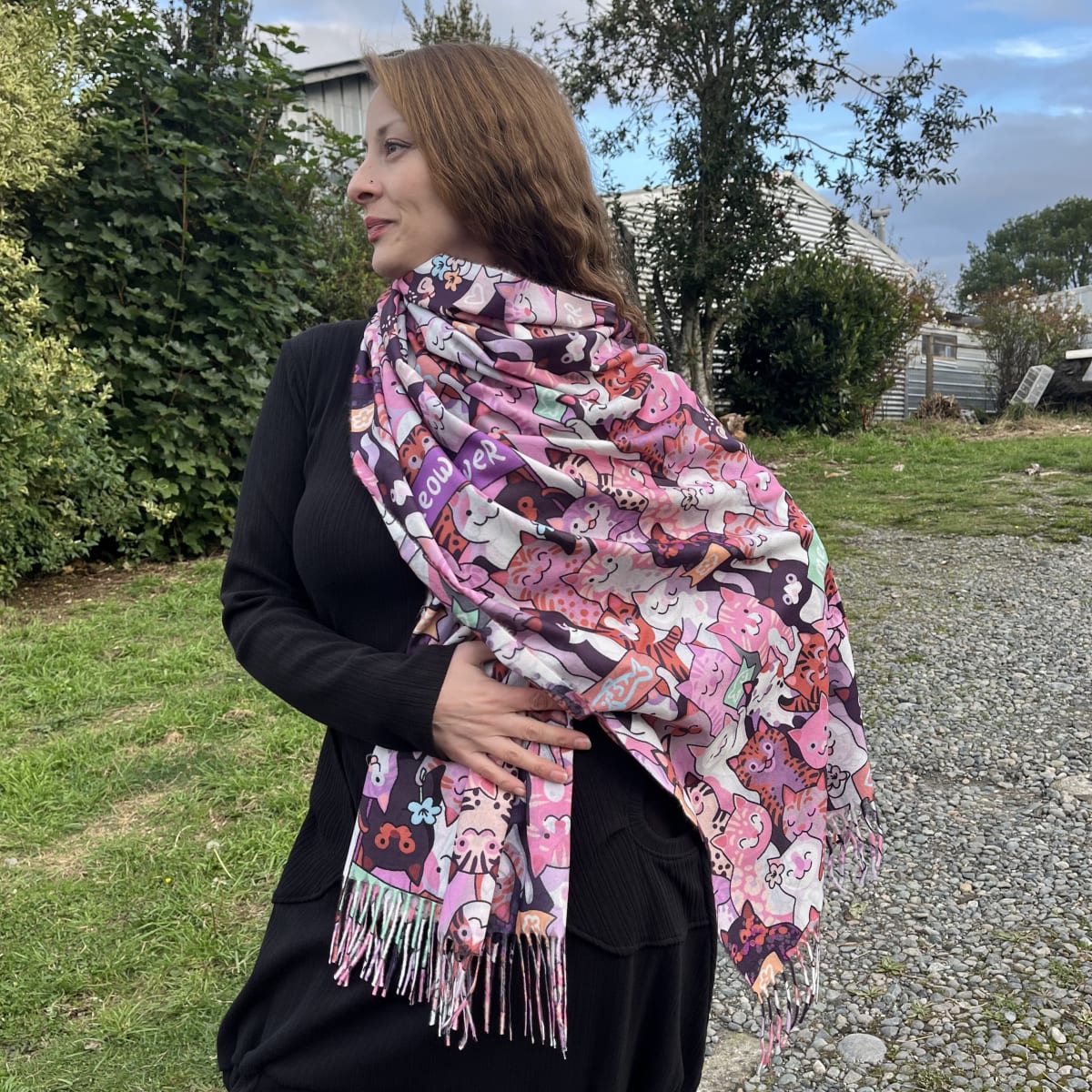 Bufanda Cashmere gatitos meow power rosado naranja2