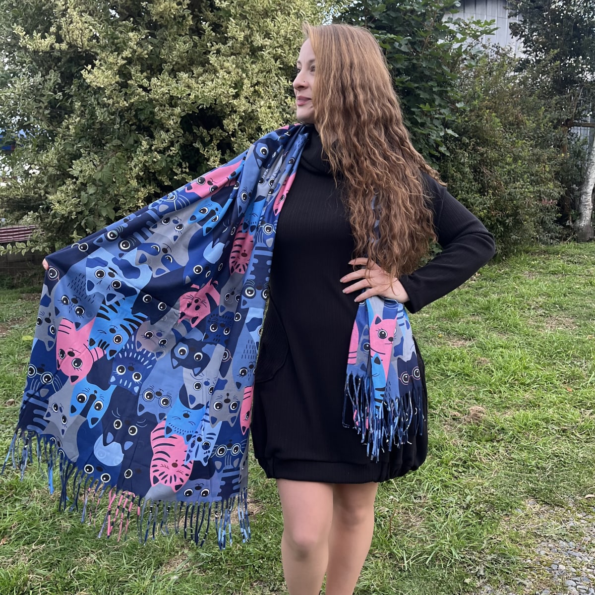 Bufanda Cashmere gatitos rayitas azul2