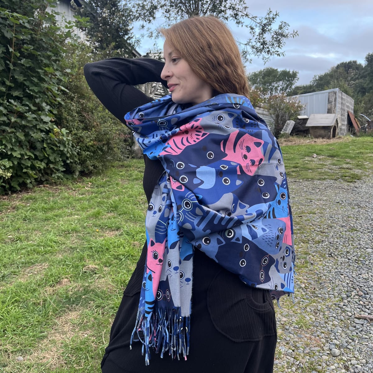 Bufanda Cashmere gatitos rayitas azul1