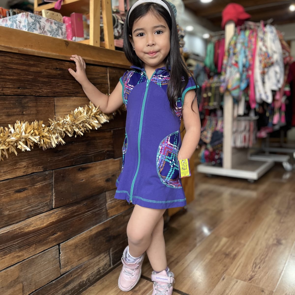 Vestido kisu niña cierre capucha morado verde estampado turquesa roma3