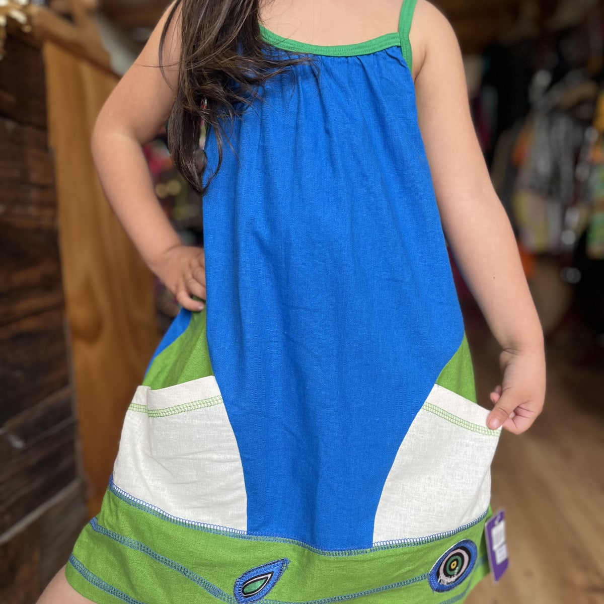 Vestido kisu niña pabilo bolsillo azul verde lino2