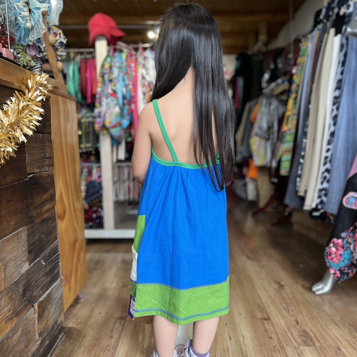 Vestido kisu niña pabilo bolsillo azul verde lino3