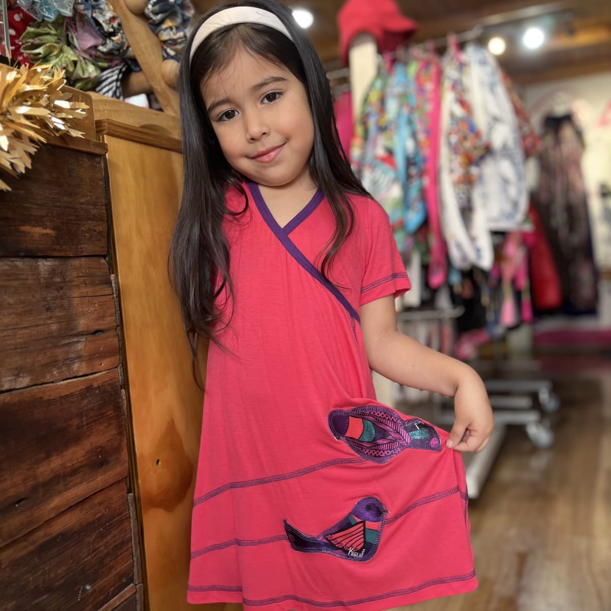 Vestido kisu niña doble cruce rosado chicle modal algodon1