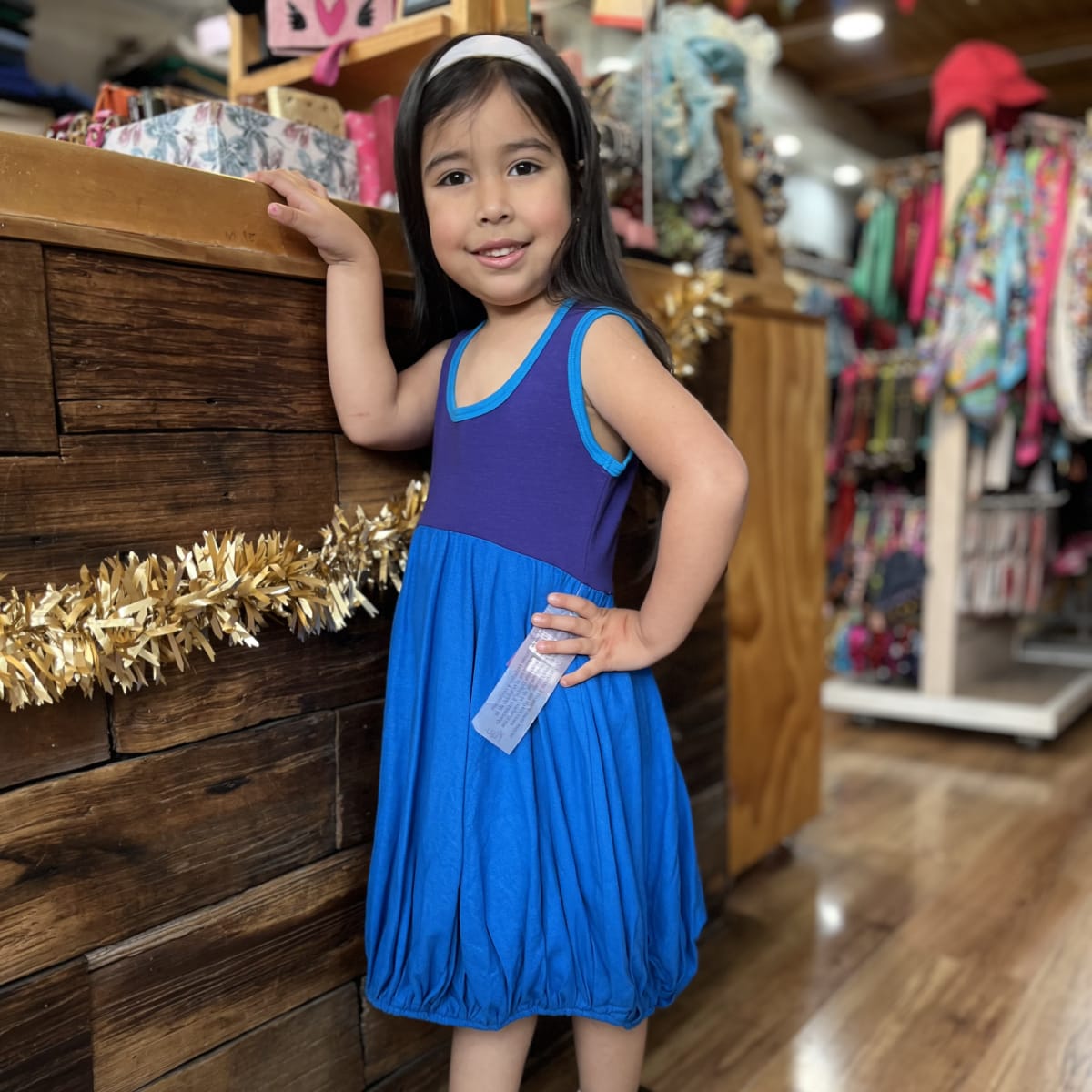 Vestido kisu niña globo  morado azul lino algodon1