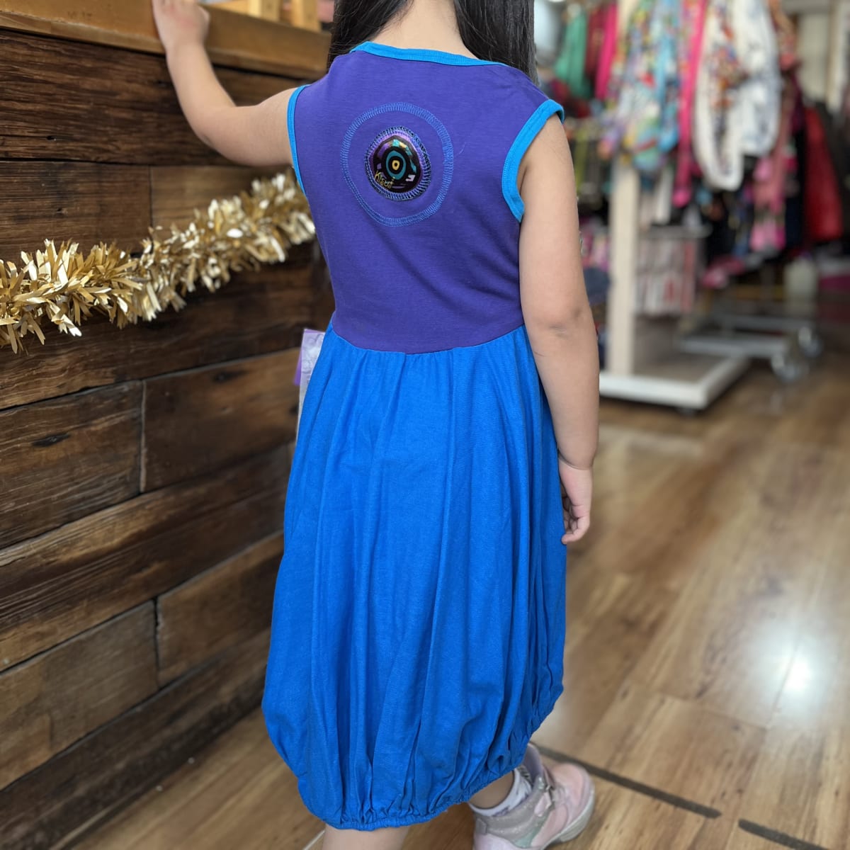 Vestido kisu niña globo  morado azul lino algodon2