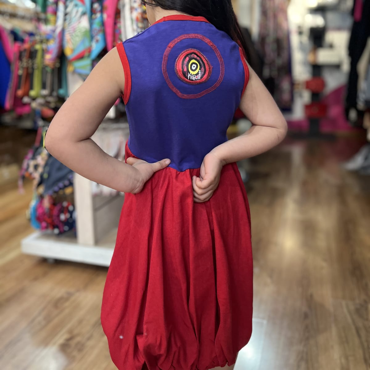 Vestido kisu niña globo  morado rojo lino algodon3