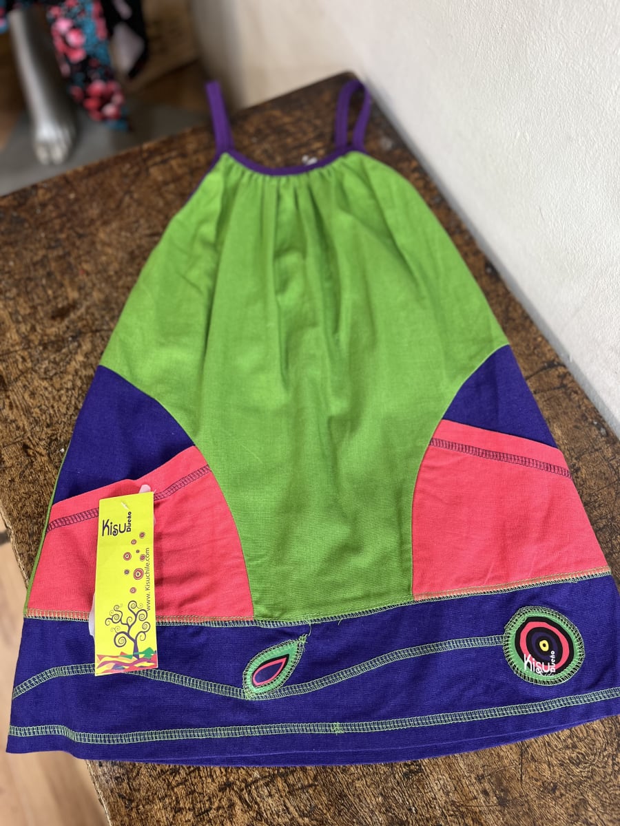 Vestido kisu niña pabilo bolsillo verde morado lino1