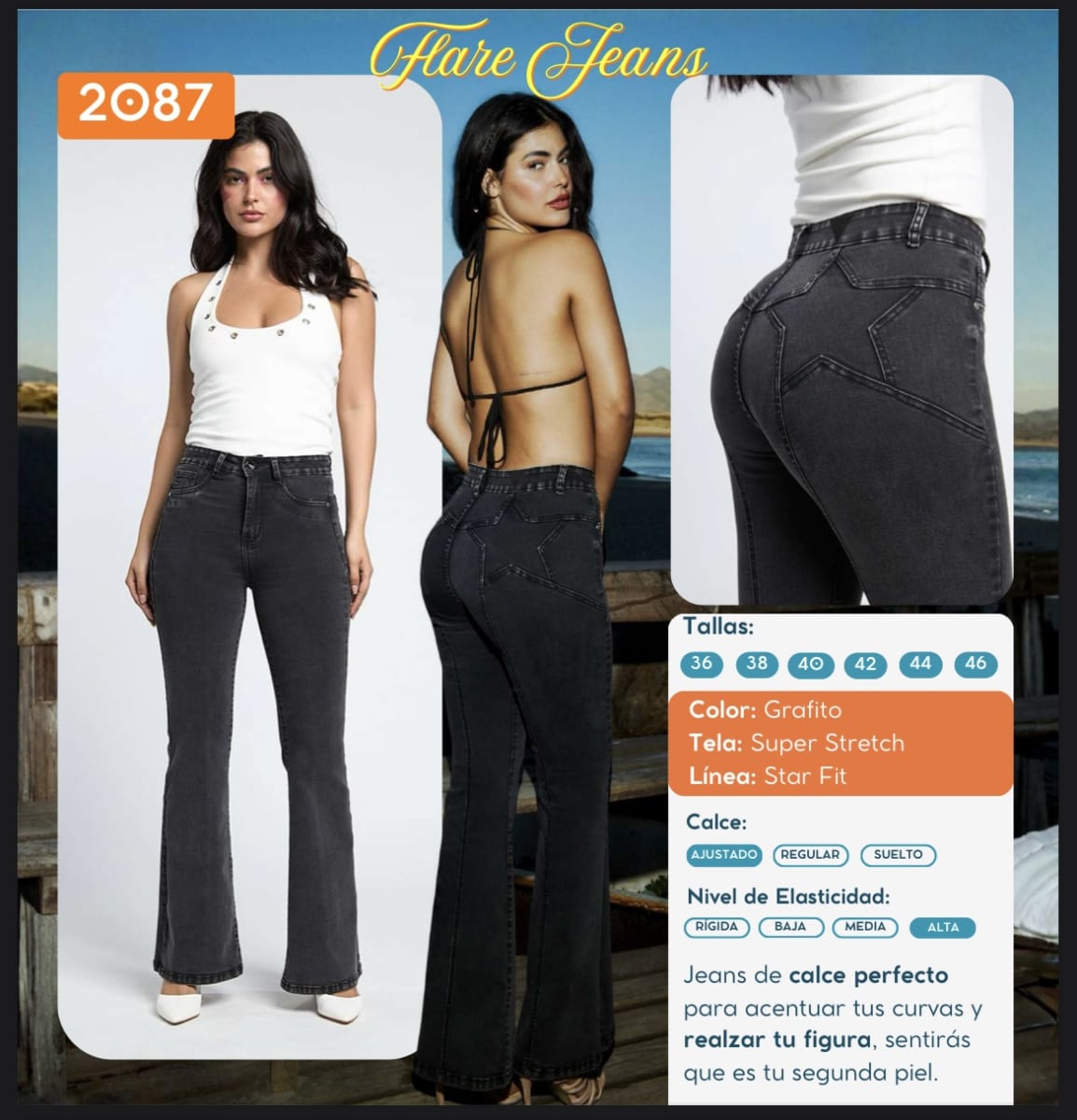 Jeans Paradise 2087 flare star grafito2