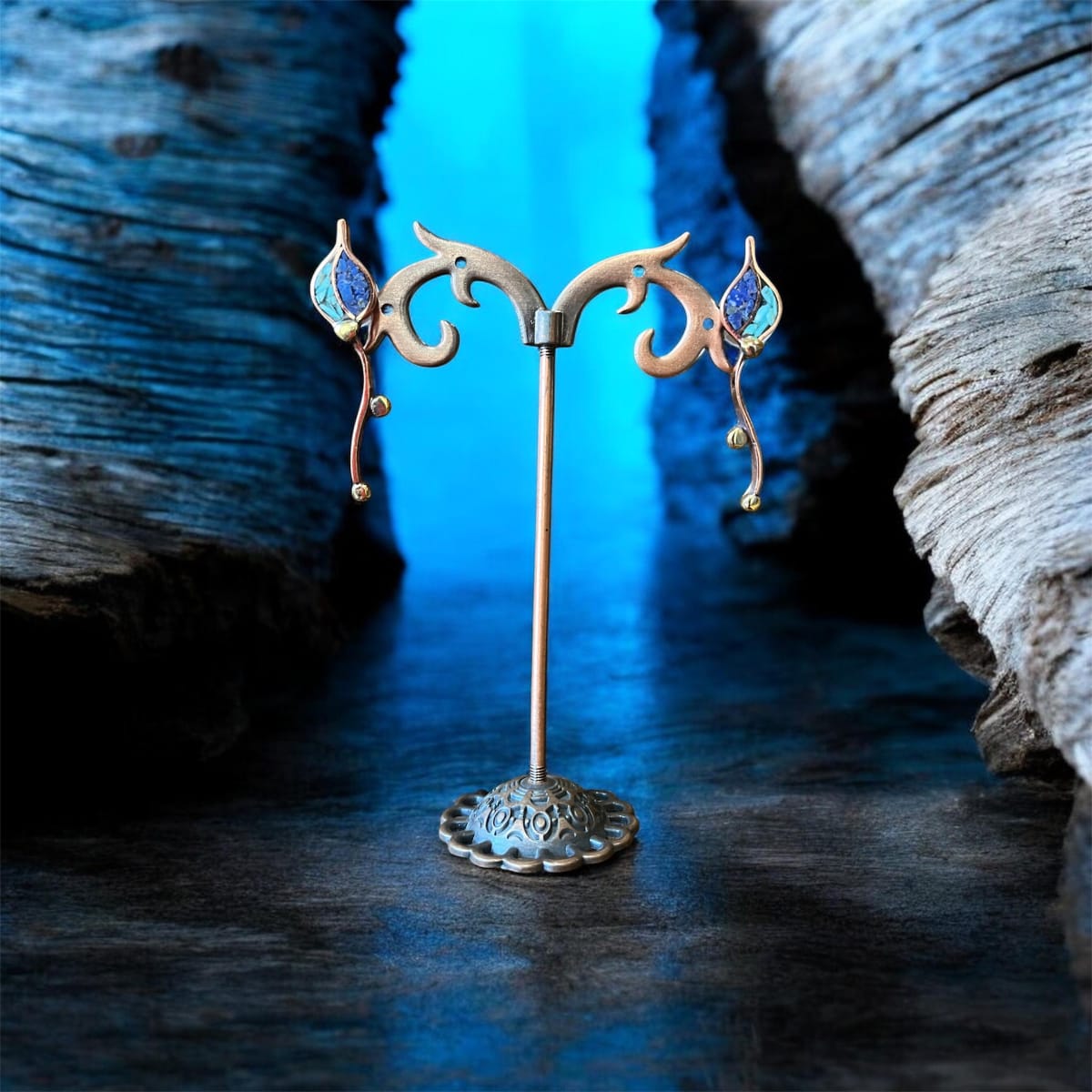 Aros N&F cobre plata bronce colgante hoja pepitas lapislazuli turquesa1