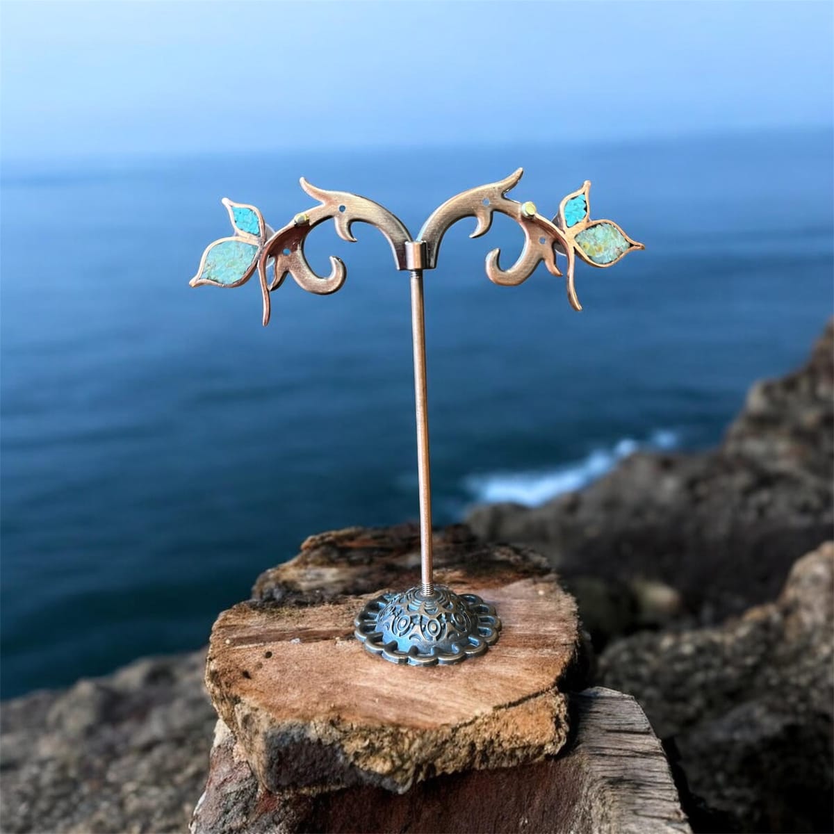 Aros N&F cobre plata bronce colgante mariposa turquesa cr1