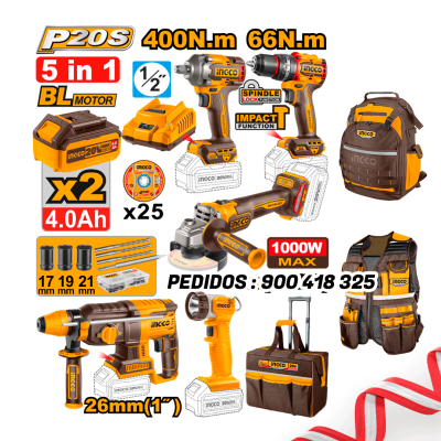 COMBO 5PCS BRUSHLESS MOTOR C/BATERÍAS, CARGADOR, BOLSO Y ACCESORIOS INGCO AICKLI2051